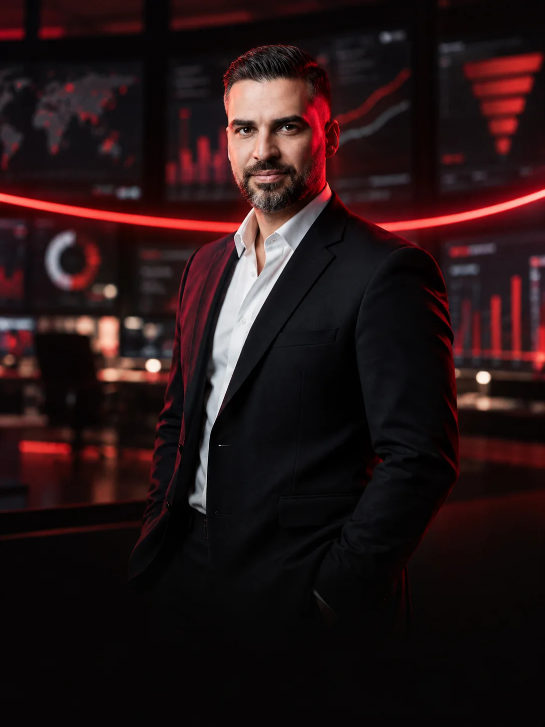 Peyman Mokaram in front of dark marketing screens, EDM program cover