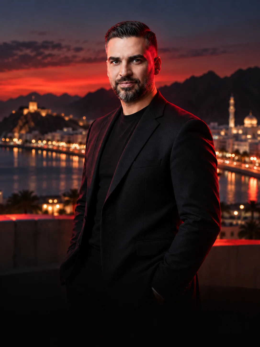 Peyman Mokaram on a rooftop above Muscat at dusk, Doing Business in Oman cover