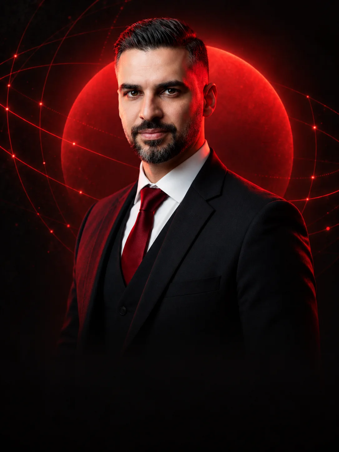 Peyman Mokaram in a dark suit and red tie before a glowing red disc, MBAi program cover