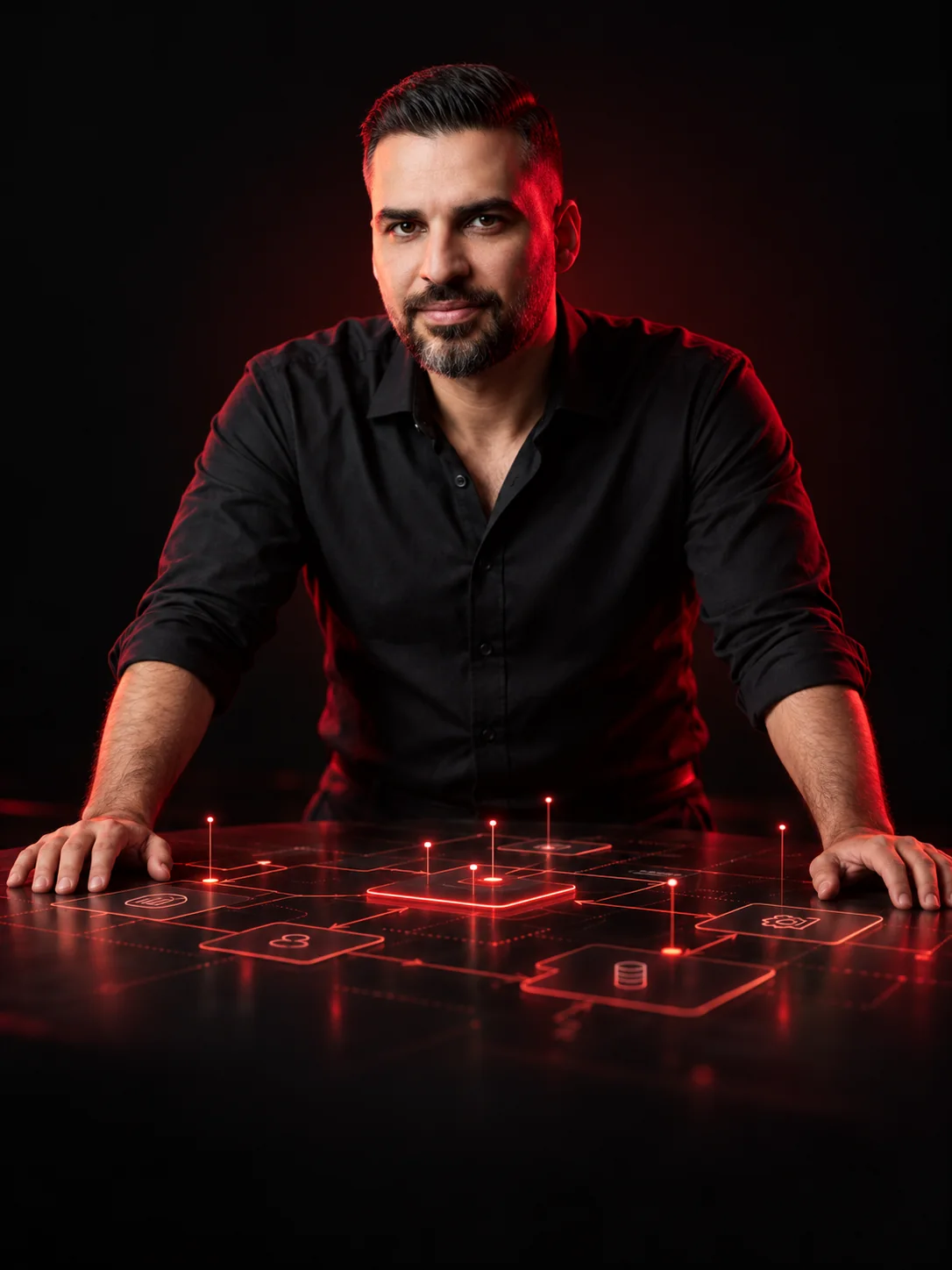 Peyman Mokaram leaning over a glowing process map, SBA program cover