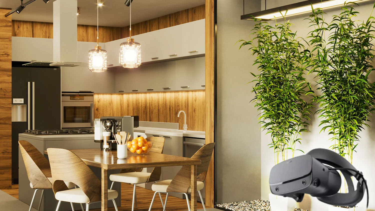 3D render of a modern kitchen interior with dining table and a VR headset in the foreground