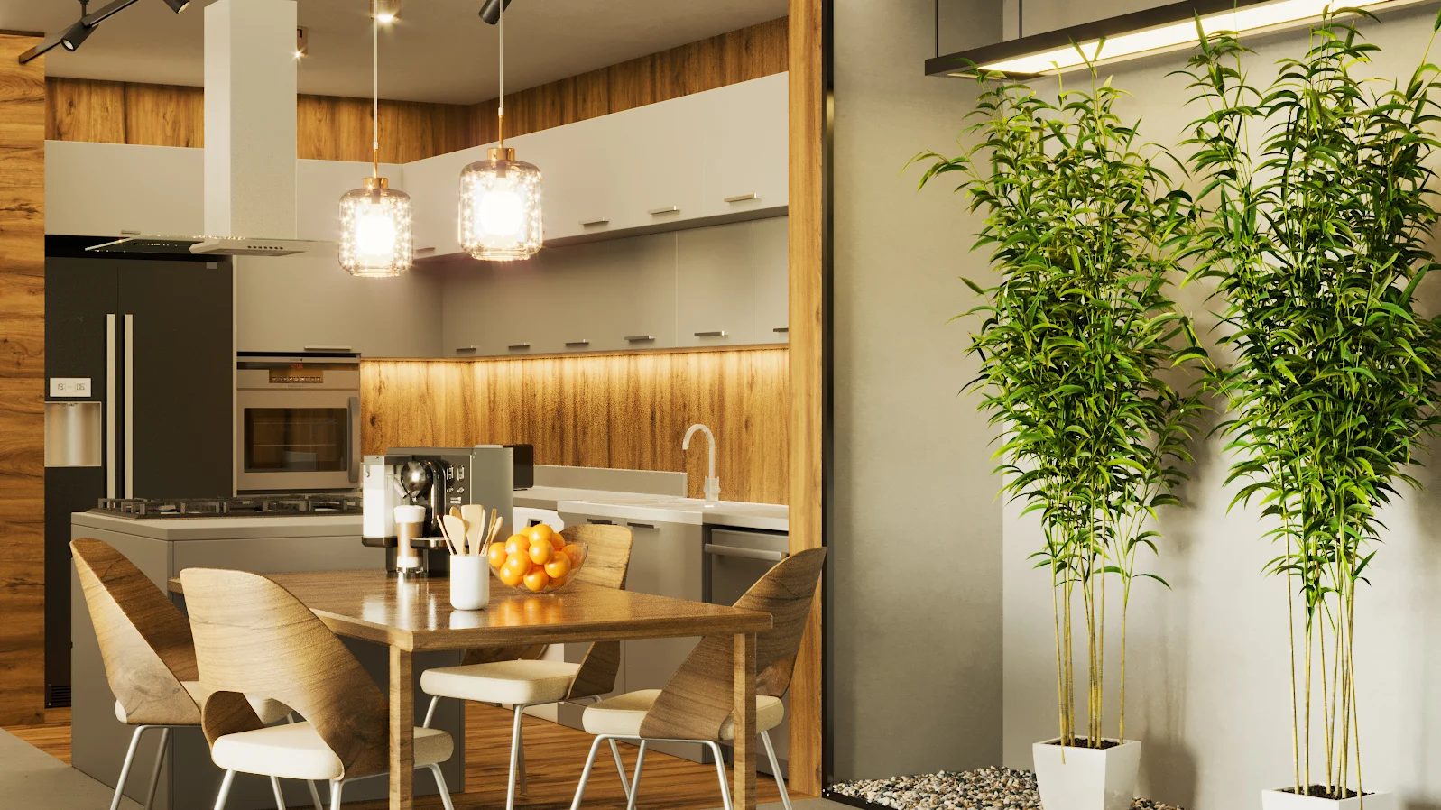3D render of a modern kitchen and dining area with wooden accents and indoor plants for Maskan Jonoub