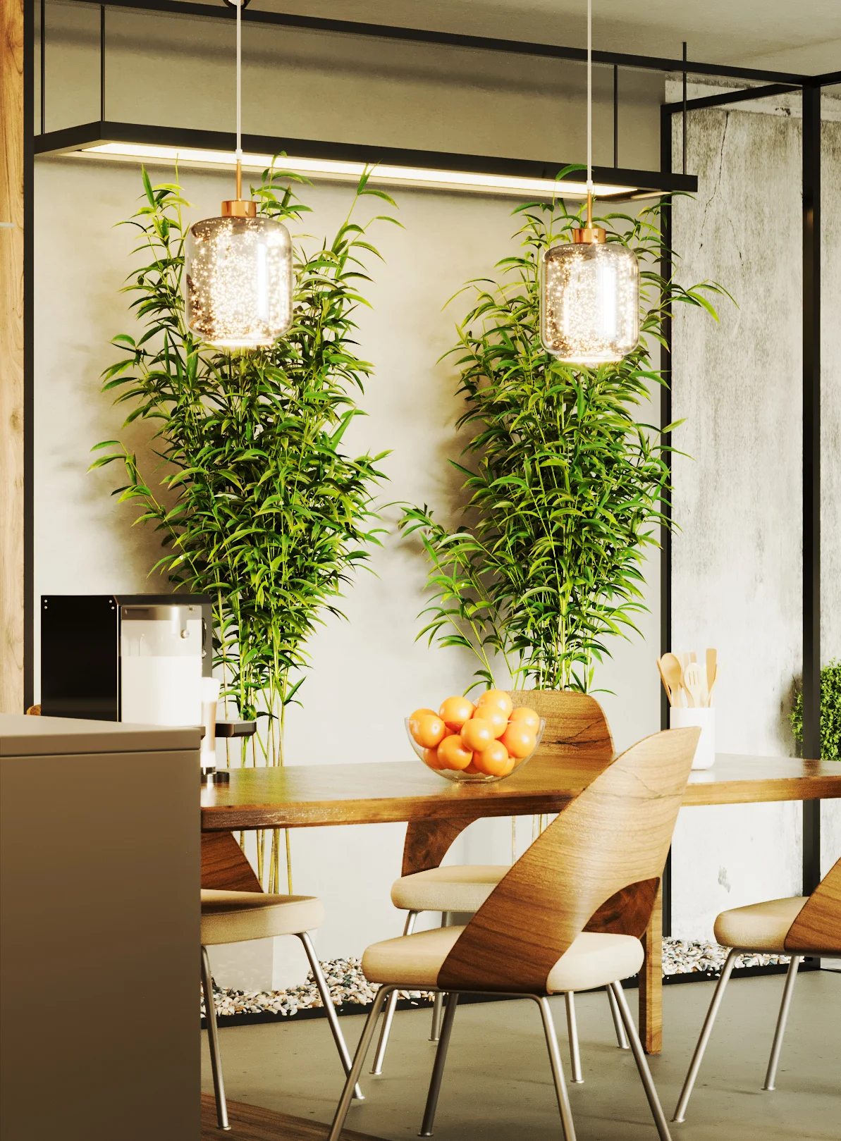 3D render of a modern dining area with a wooden table, chairs, and two tall potted plants