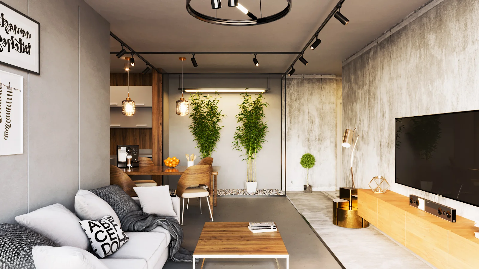 3D render of a modern living room interior with a sofa, TV, and dining area for Maskan Jonoub