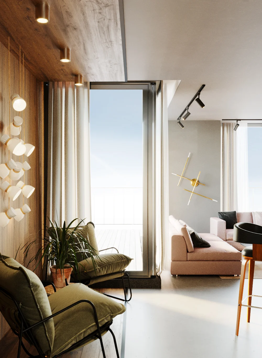 3D render of a modern interior featuring green armchairs, a balcony door, and a living area in the background