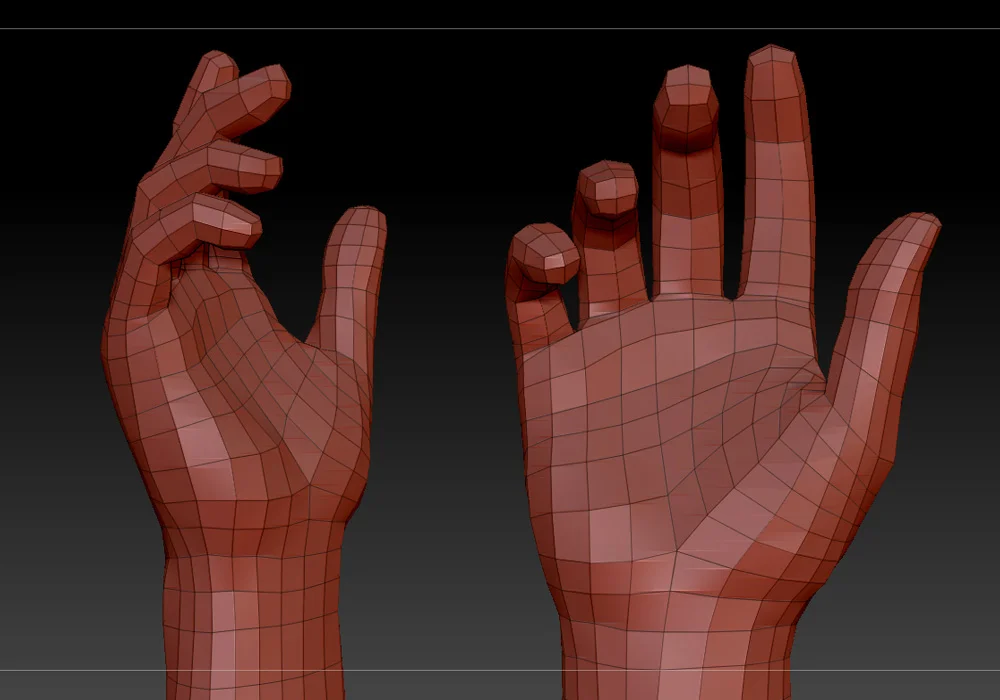 3D render of a wireframe polygonal model showing two hands from different angles