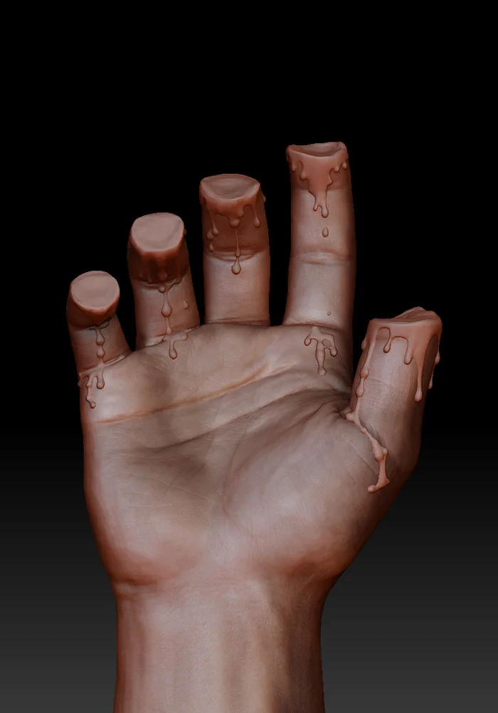 3D render of a hand with amputated fingers dripping with liquid