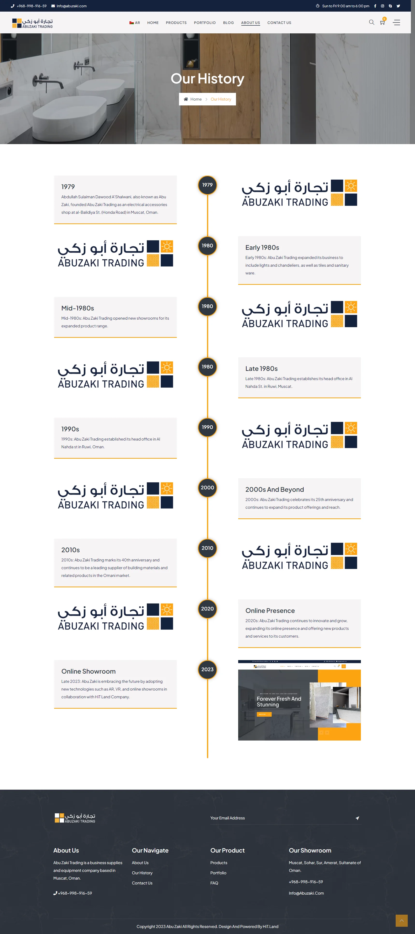 Website screenshot of Abu Zaki Trading showcasing a vertical company history timeline