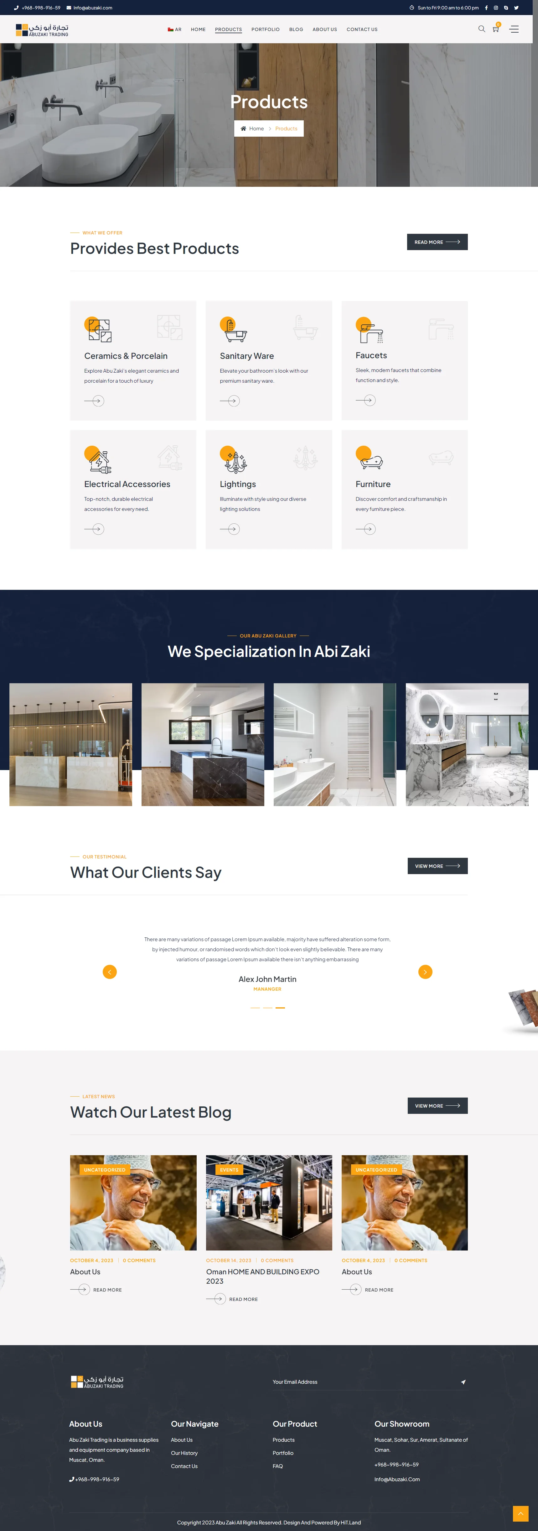 Website UI screenshot of the Abu Zaki Trading products page showing category grids and a photo gallery