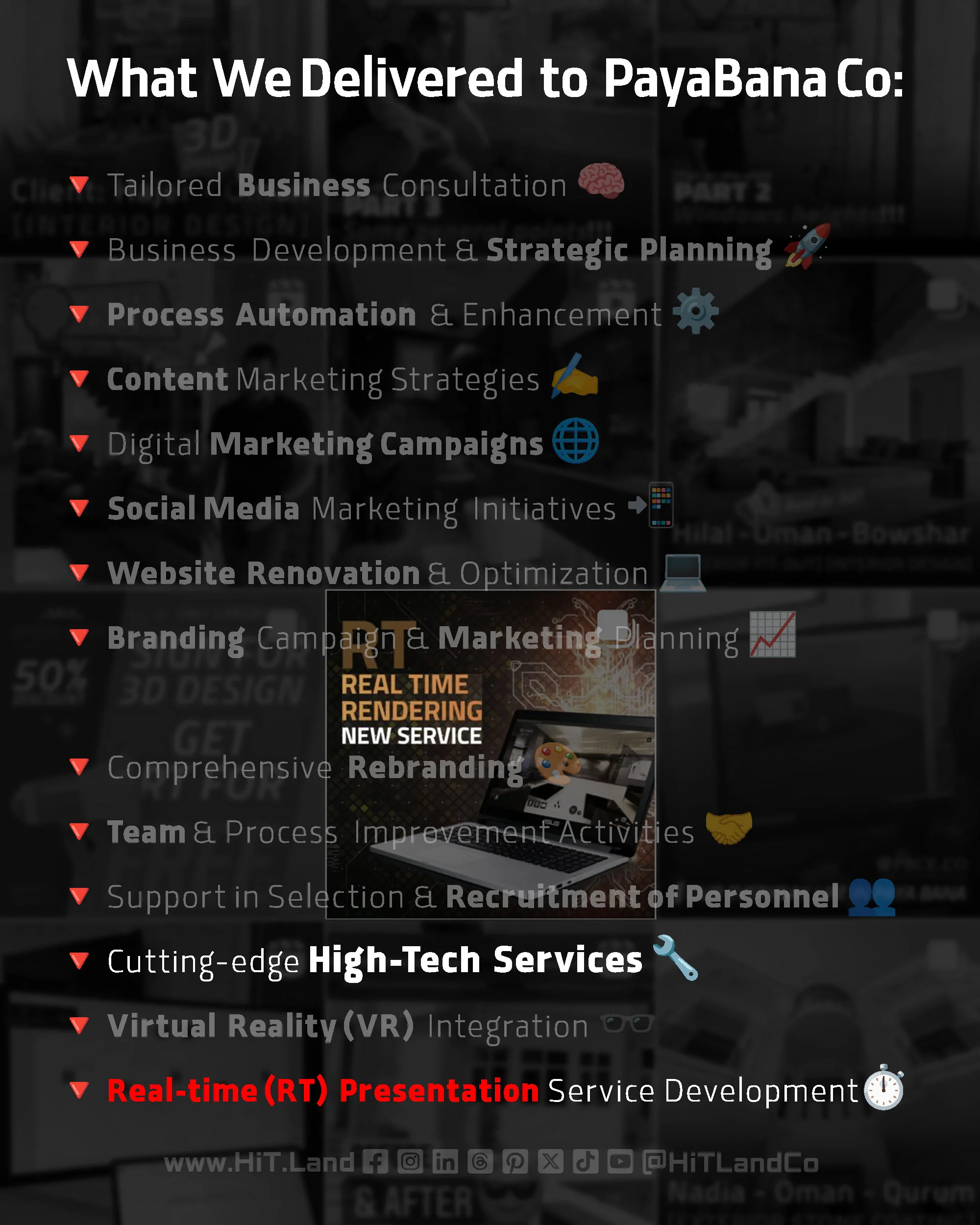 List of deliverables for PayaBana Co including business consultation, marketing, website renovation, and tech services