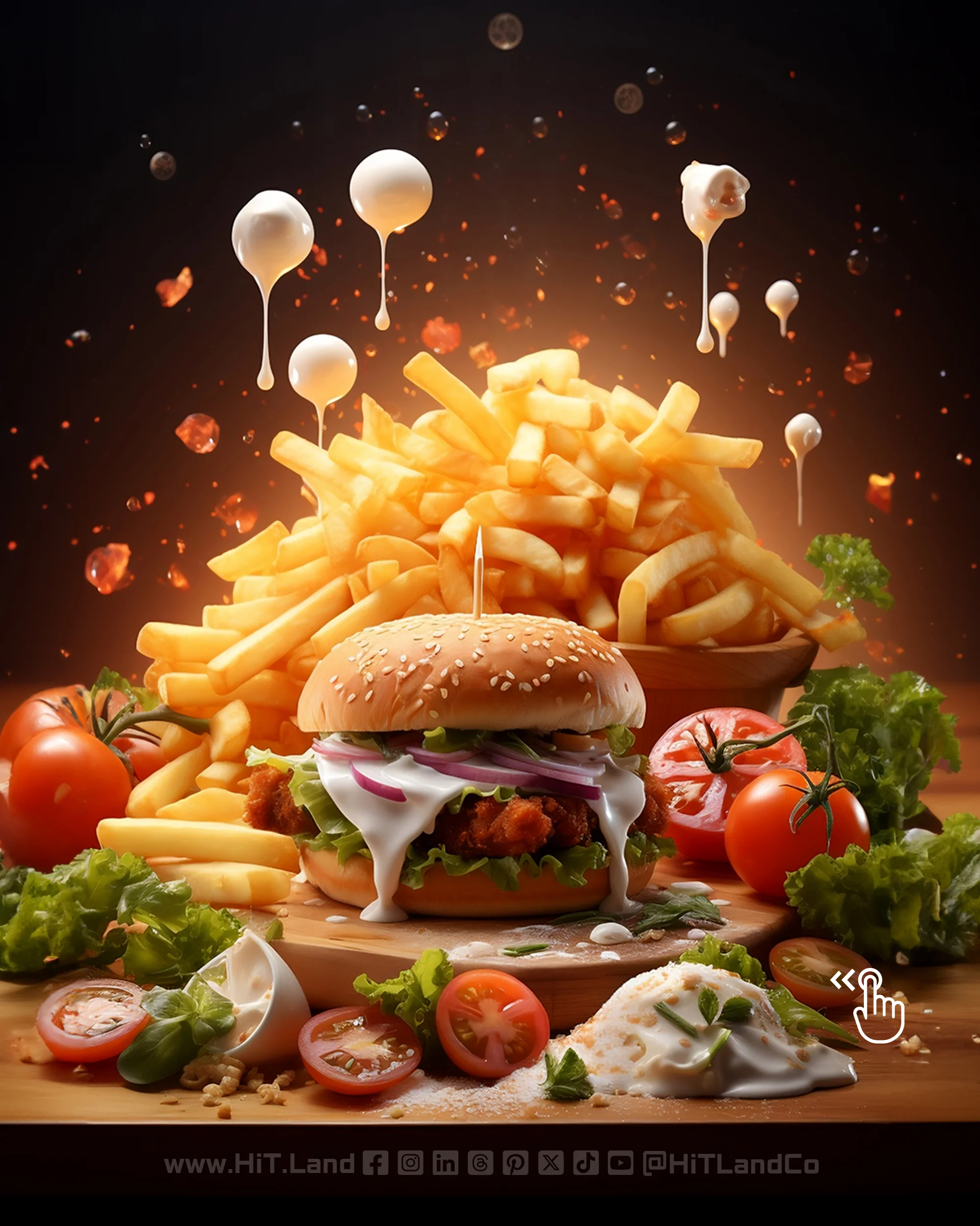 CGI food photography of a burger with fries, tomatoes, and floating sauce drops