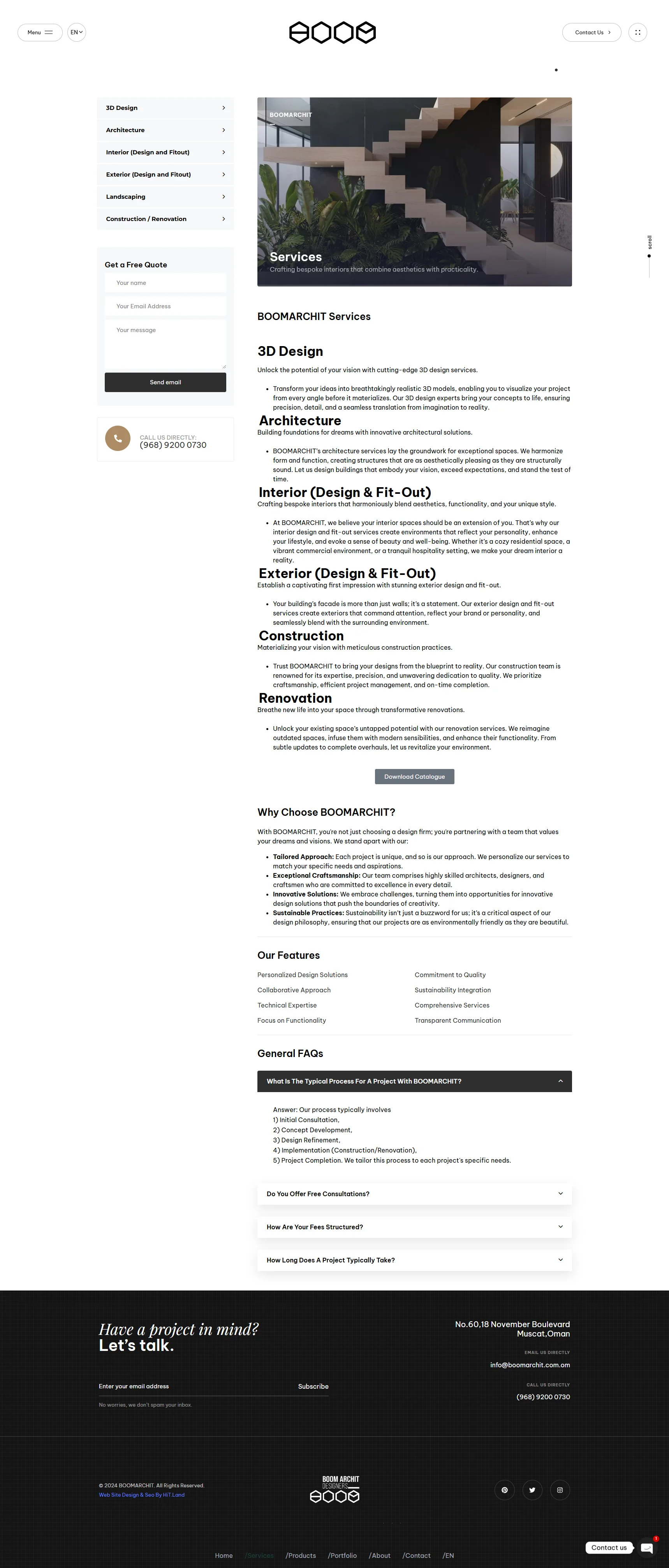 Website UI screenshot of the Boom Archit Oman services page