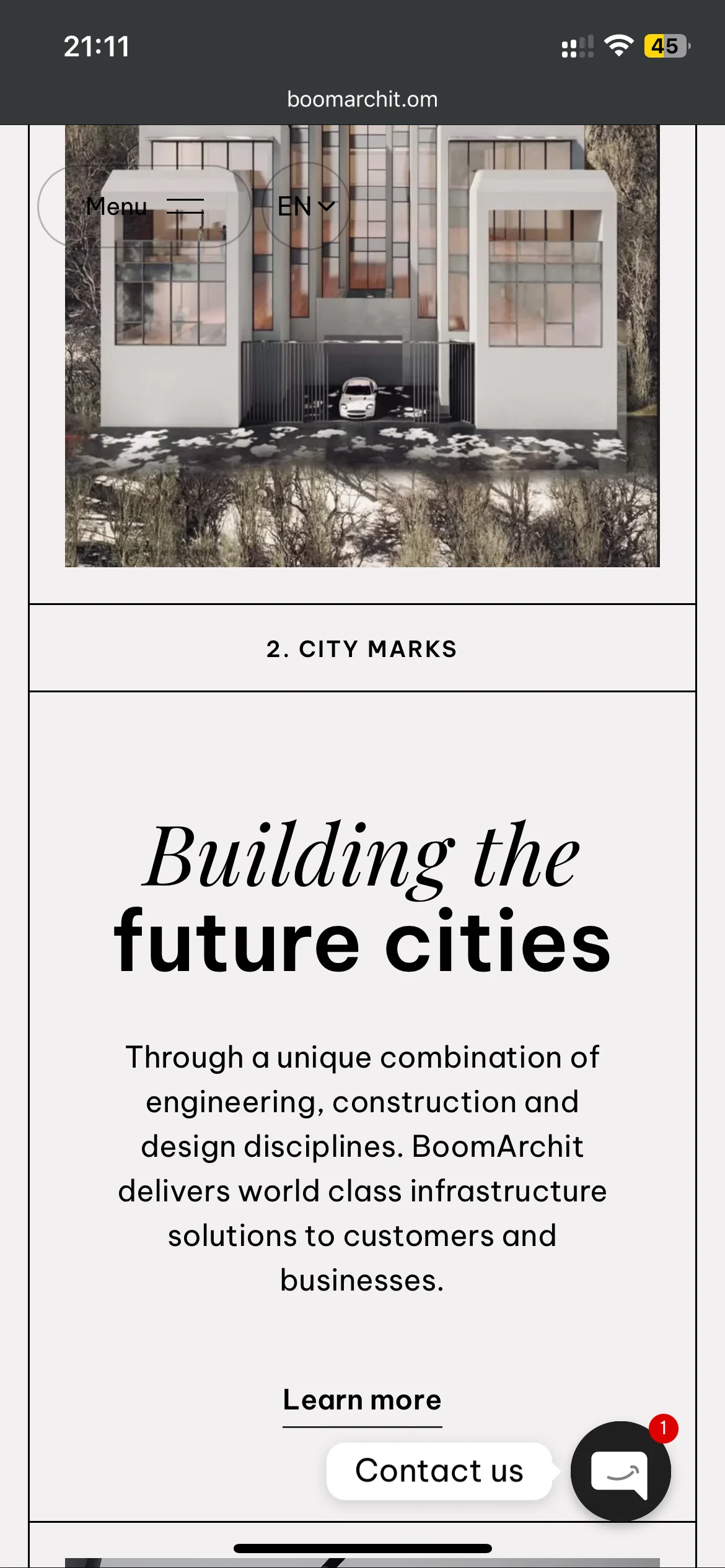 Website UI screenshot of Boom Archit Oman displaying a section with the heading Building the future cities