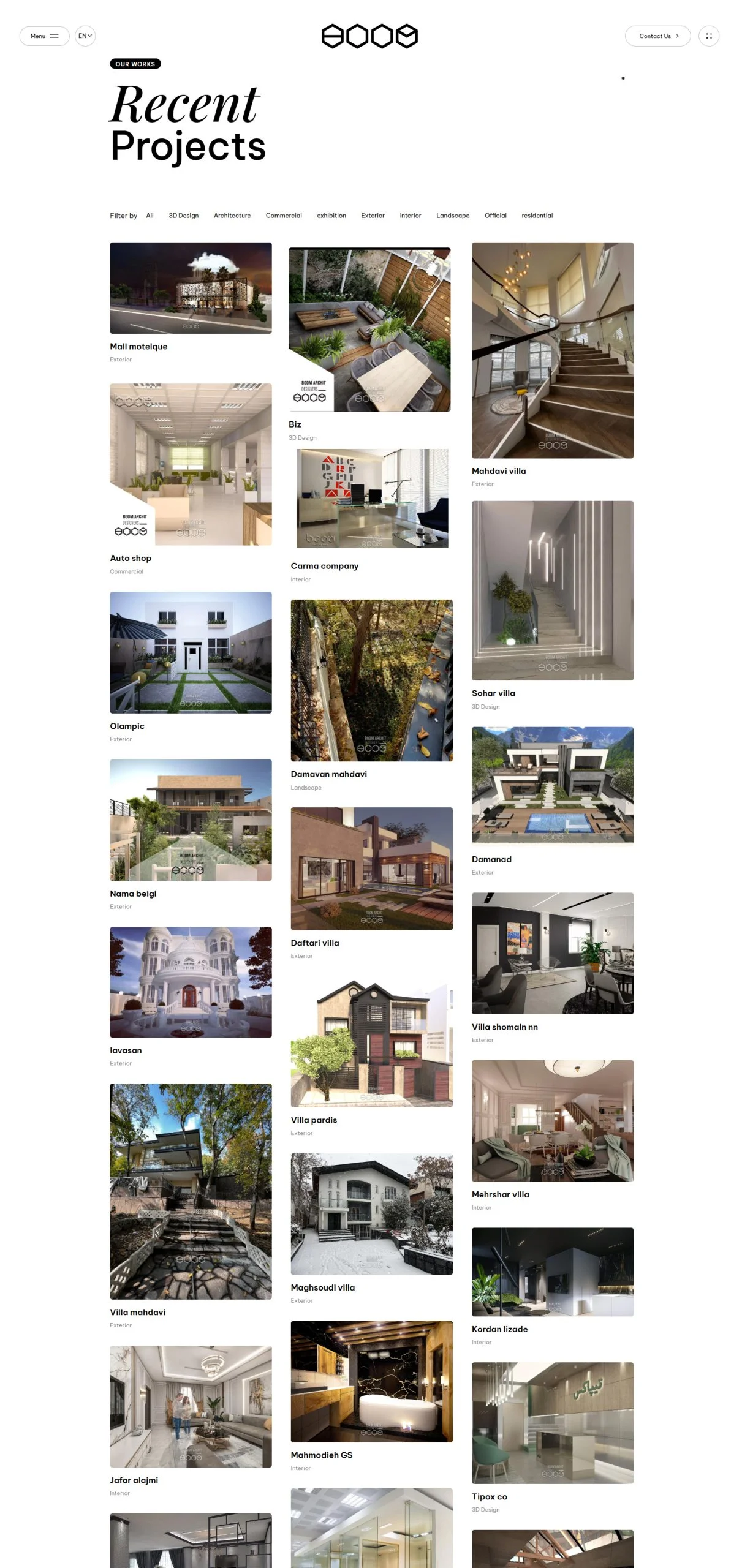 Website UI screenshot showing a projects gallery page for Boom Archit Oman