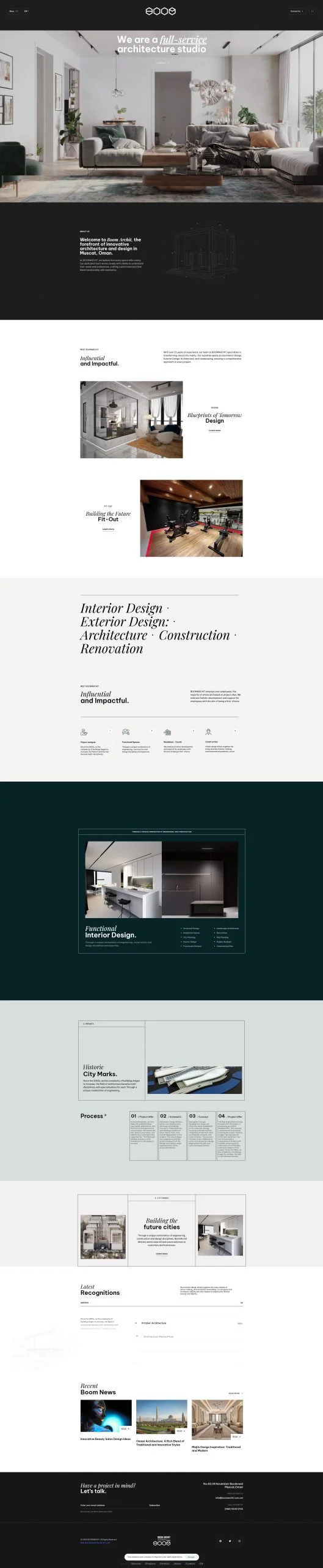 Full-page website design screenshot for Boom Archit Oman showcasing architectural projects