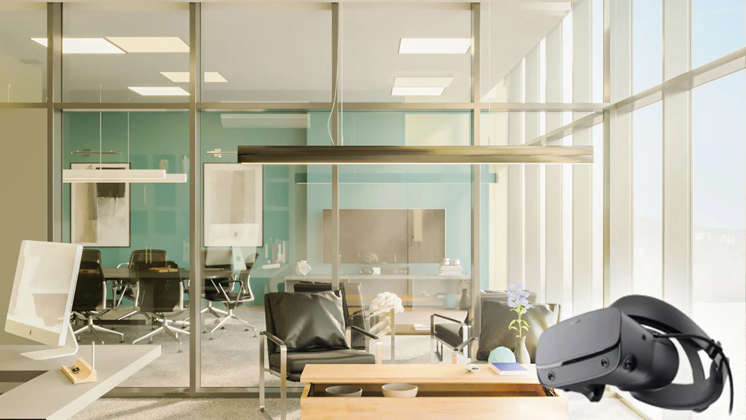 3D architectural render of a modern office interior with a VR headset in the foreground