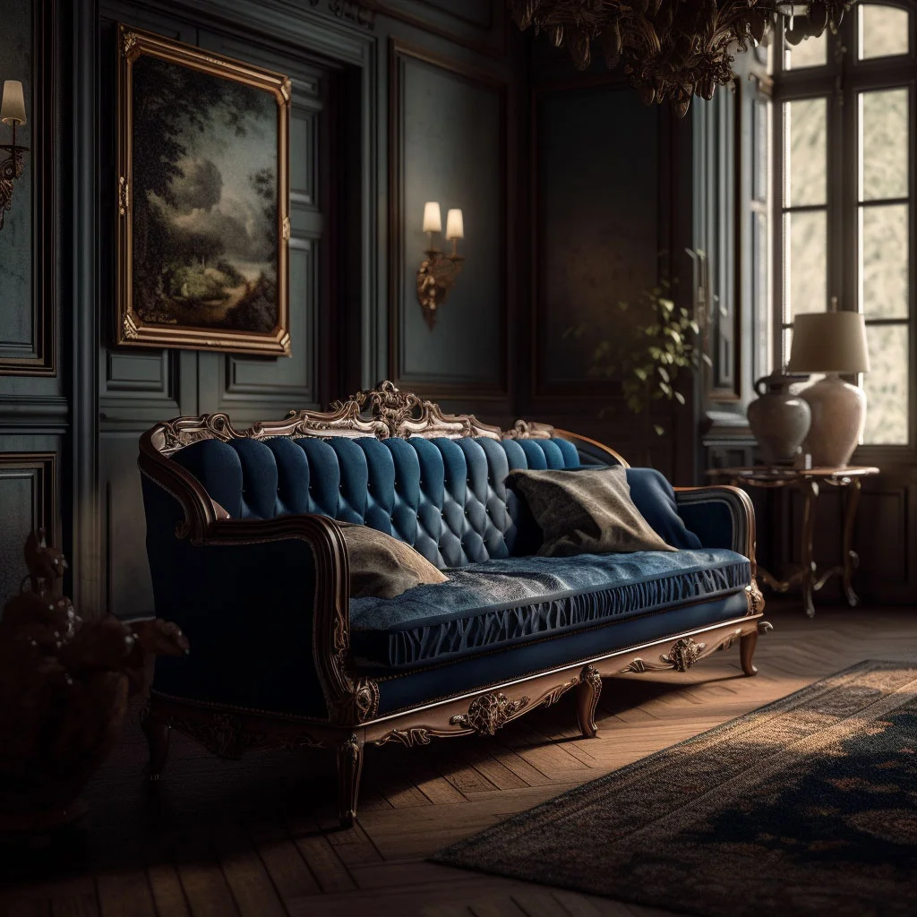 Product photo of a classic luxury sofa with blue upholstery in a dark room