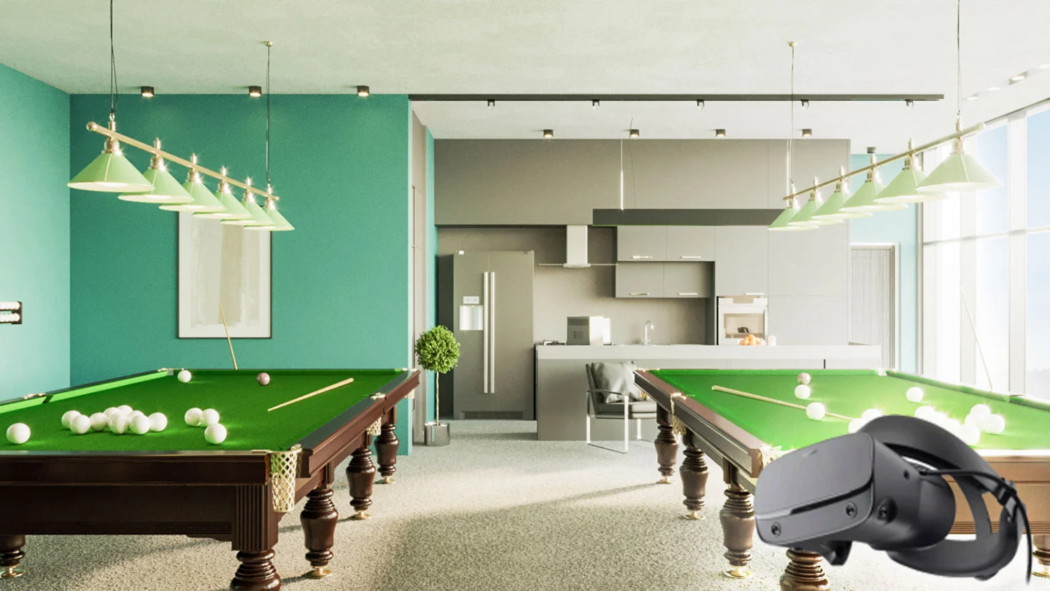 3D render of a recreation room with two pool tables and a VR headset