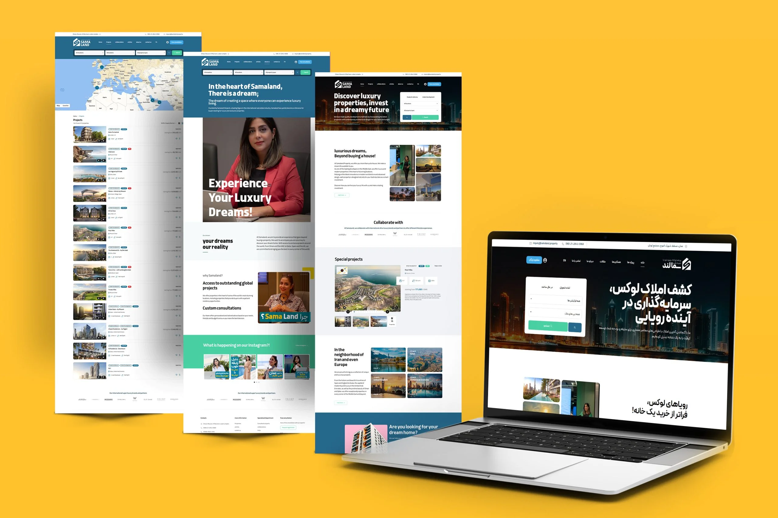 Mockups of the Sama Land real estate website displayed on a laptop and mobile screens