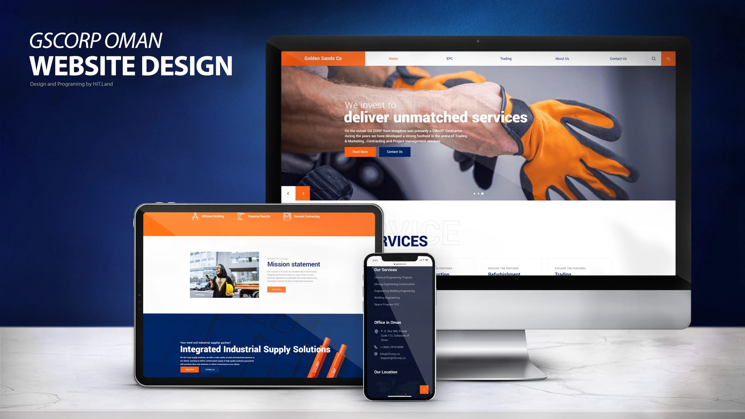 Website UI screenshot of Golden Sand Corporation on a monitor, tablet, and smartphone