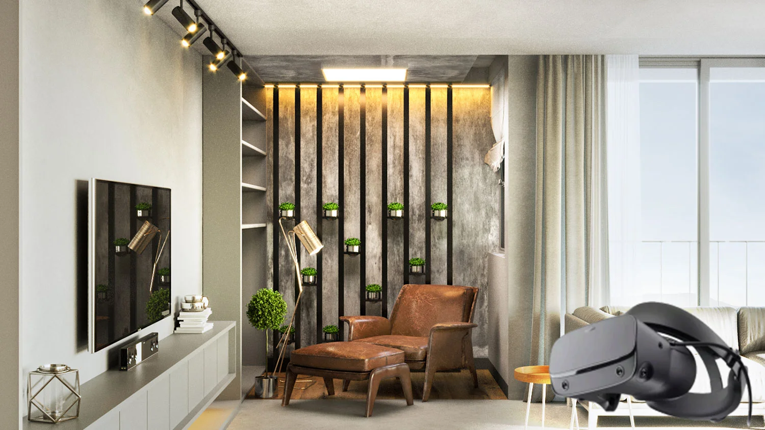 3D render of a modern interior living space with a VR headset overlaid