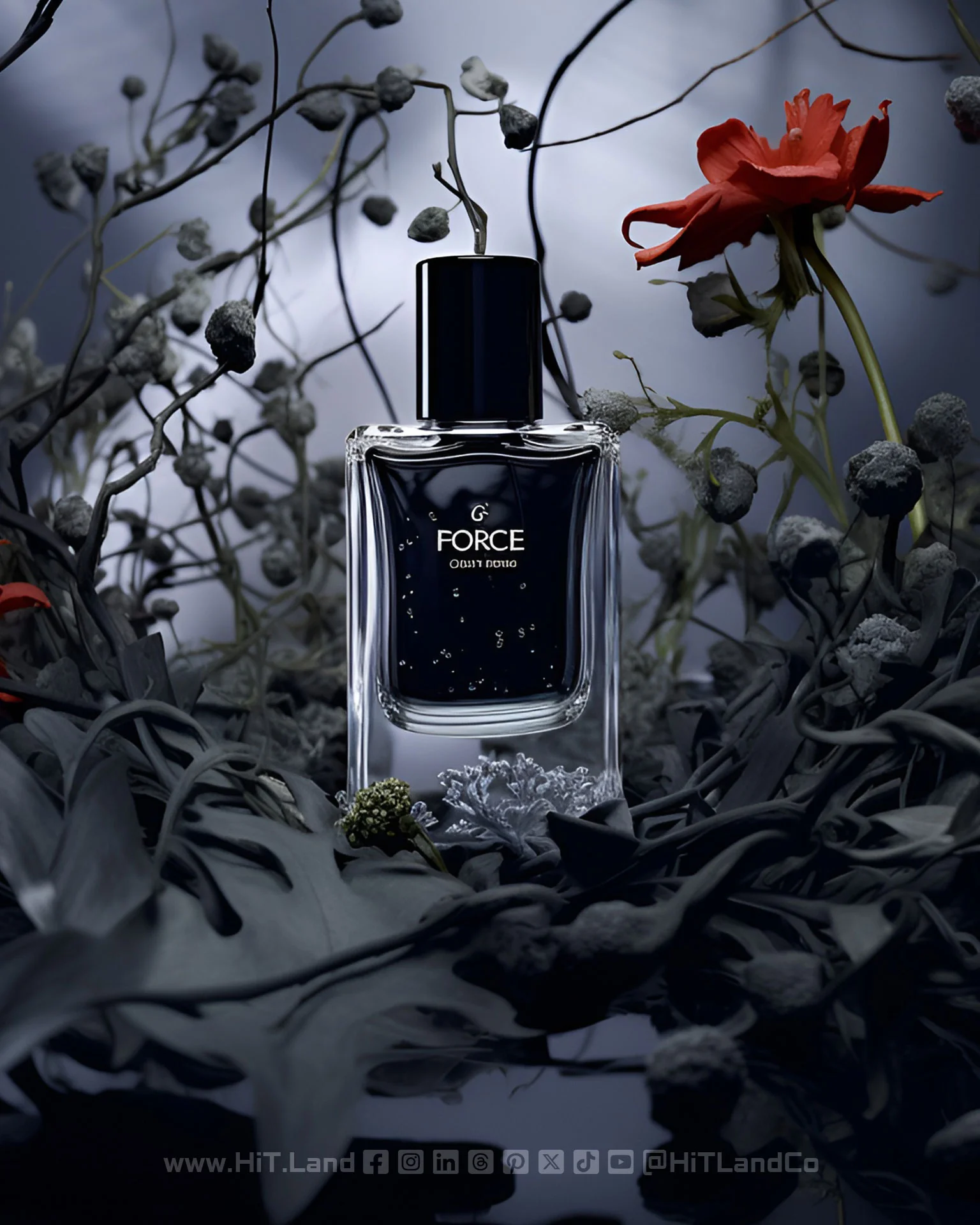 3D render of a perfume bottle surrounded by dark botanical elements and a red flower