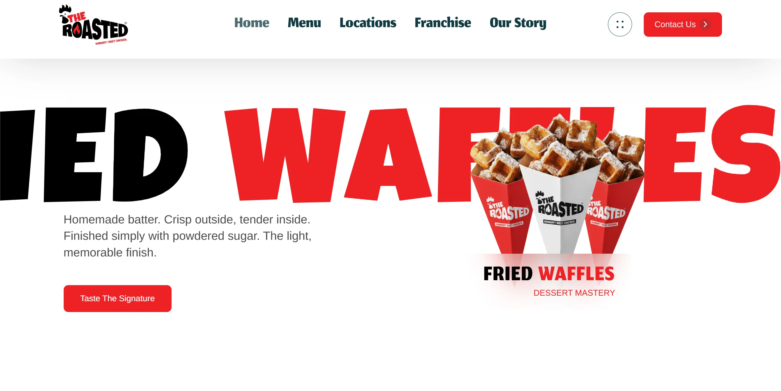 Website UI screenshot of The Roasted showing the fried waffles dessert section with cones and descriptive text