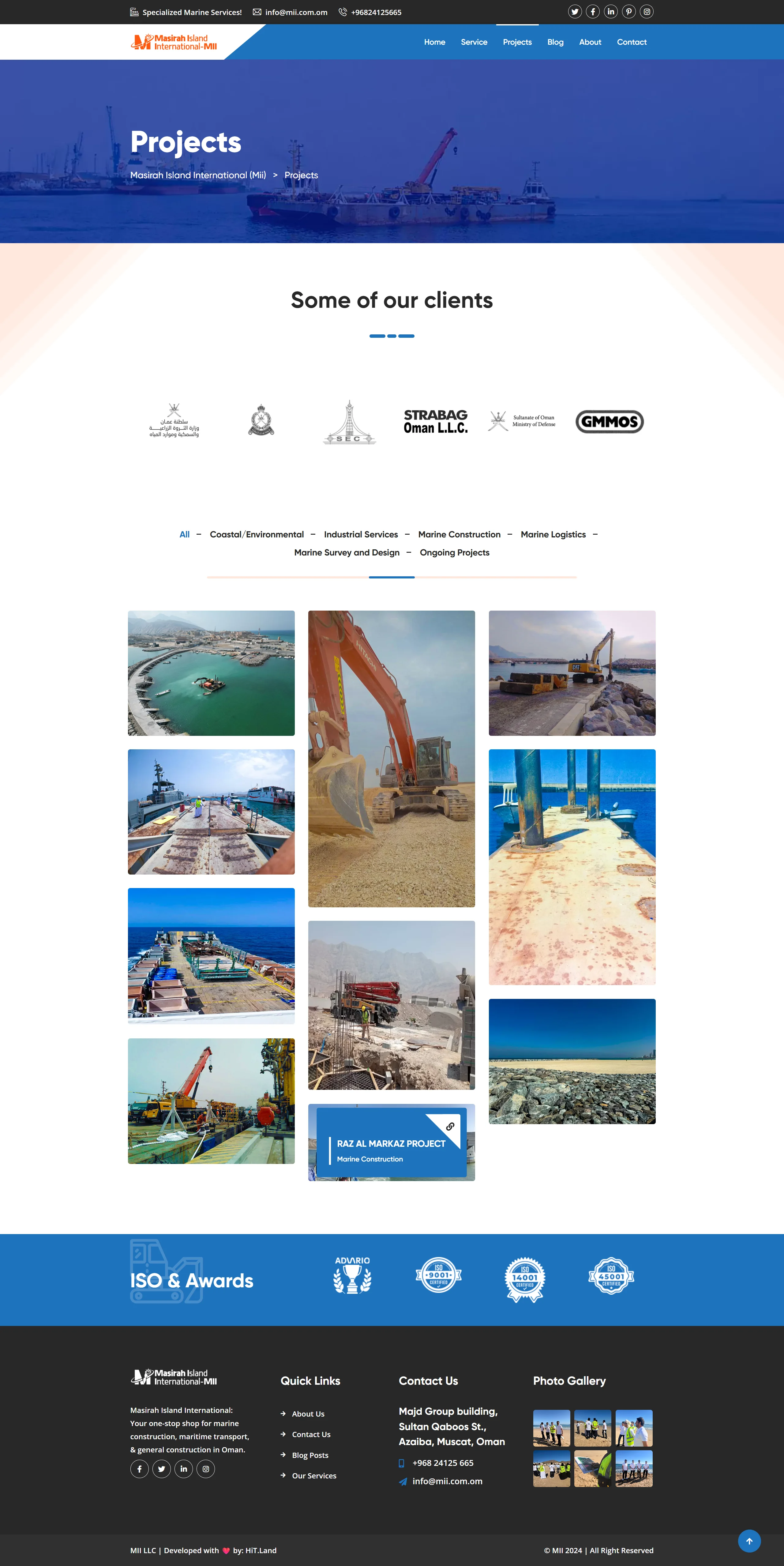 Website UI screenshot of the Mii projects page featuring a grid of marine construction photos