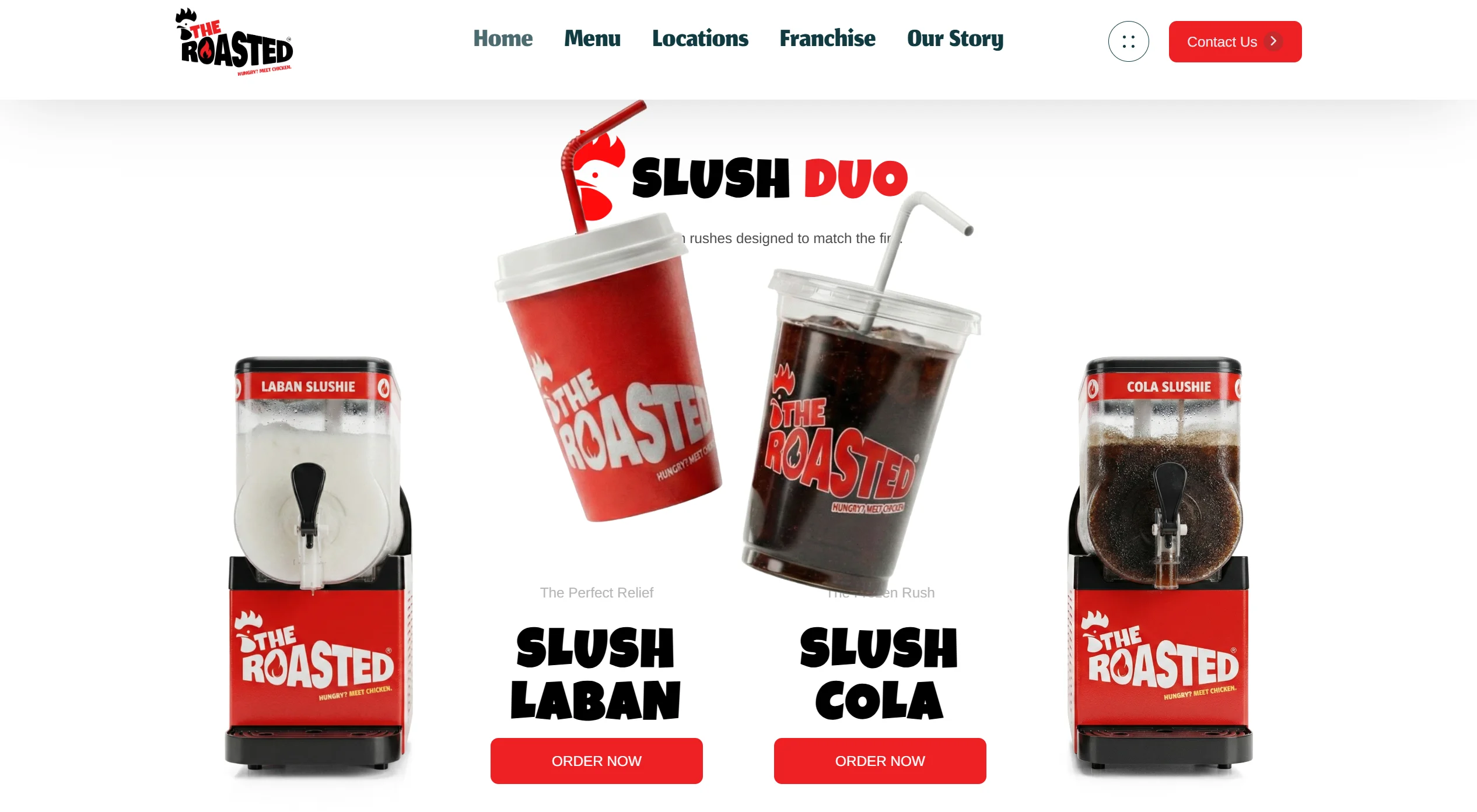 Website UI screenshot showcasing The Roasted menu page featuring slush drink options