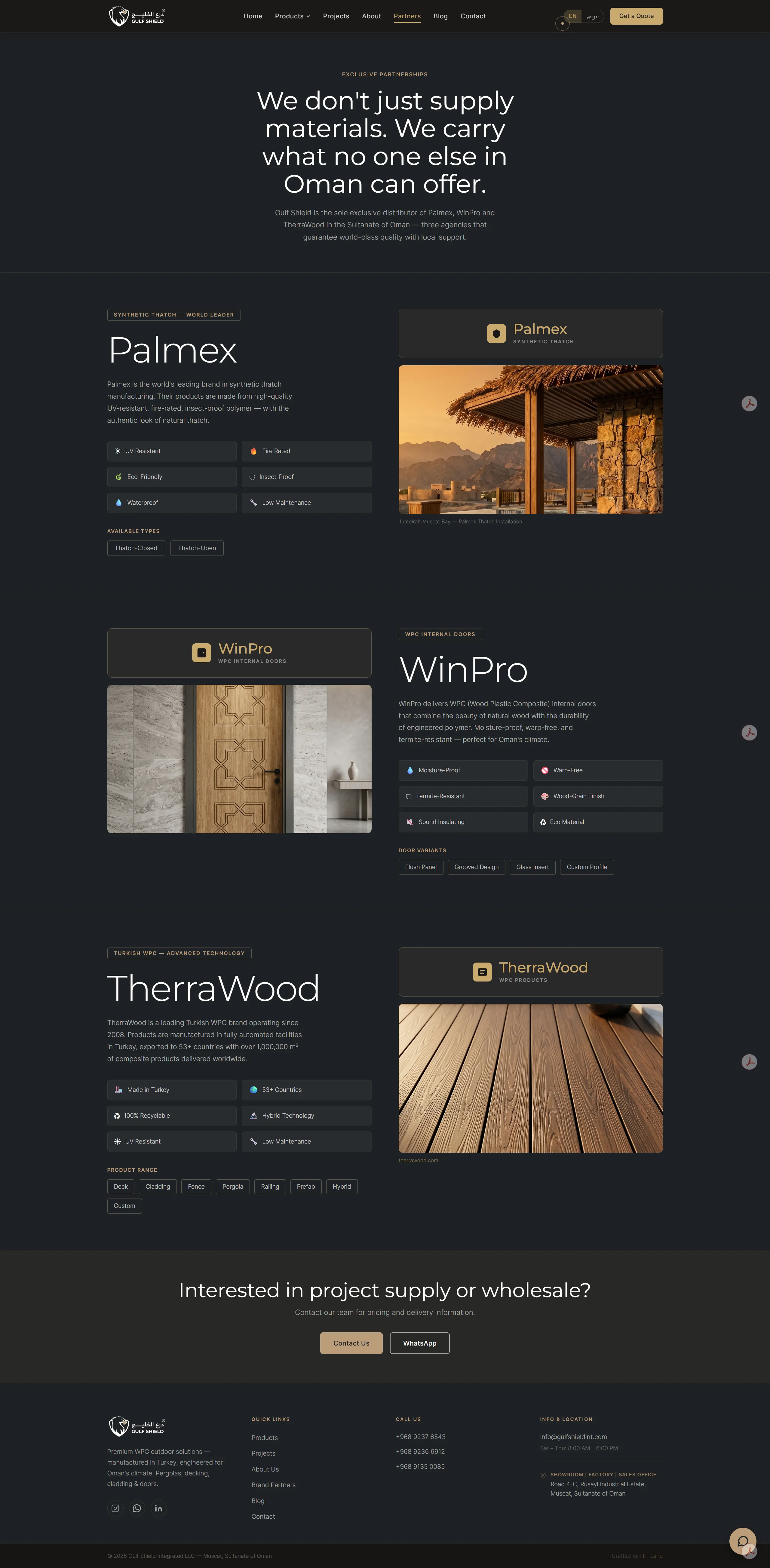 Website UI screenshot of the Gulf Shield case study showing the Partners page with product sections