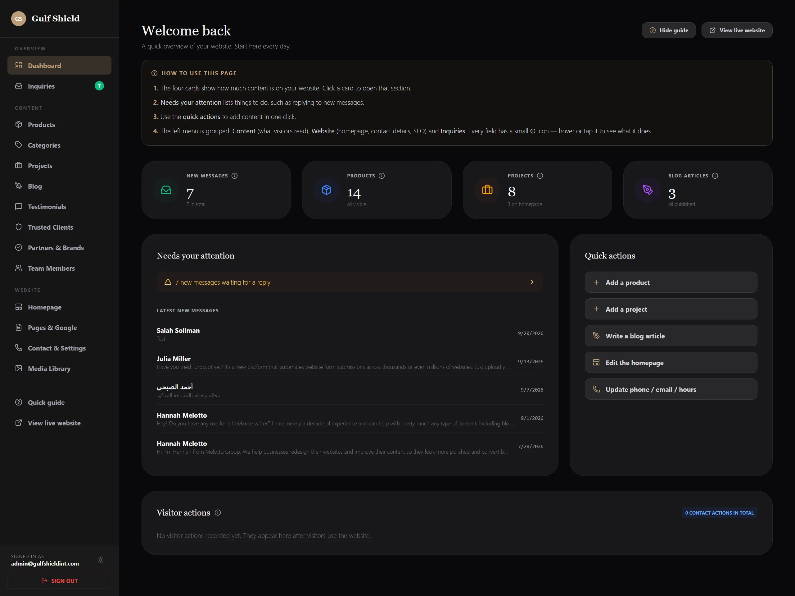 Website UI screenshot of the Gulf Shield dashboard showing analytics, inquiries, and quick action buttons