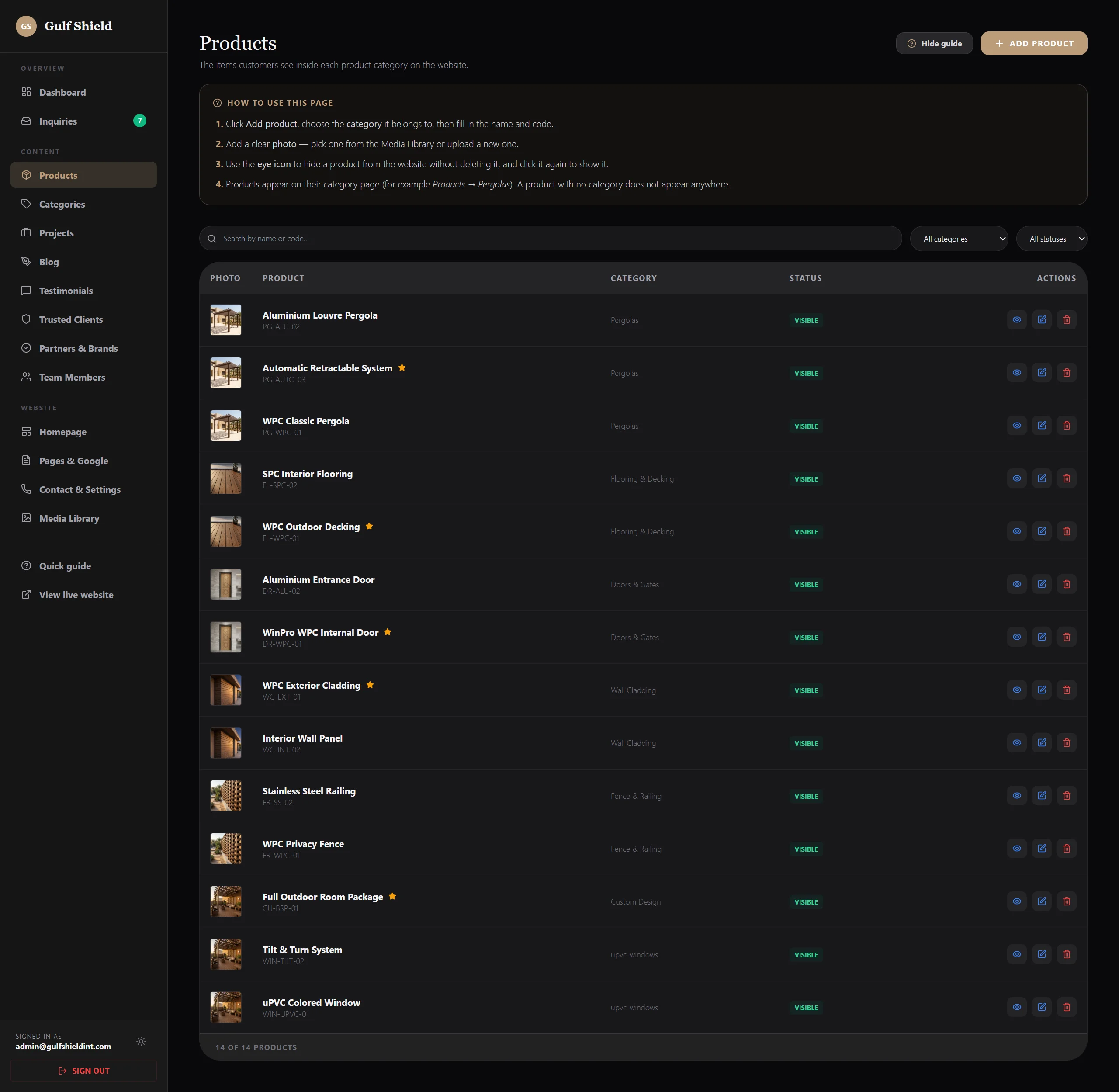 Website UI screenshot of the Gulf Shield content management system displaying a products list