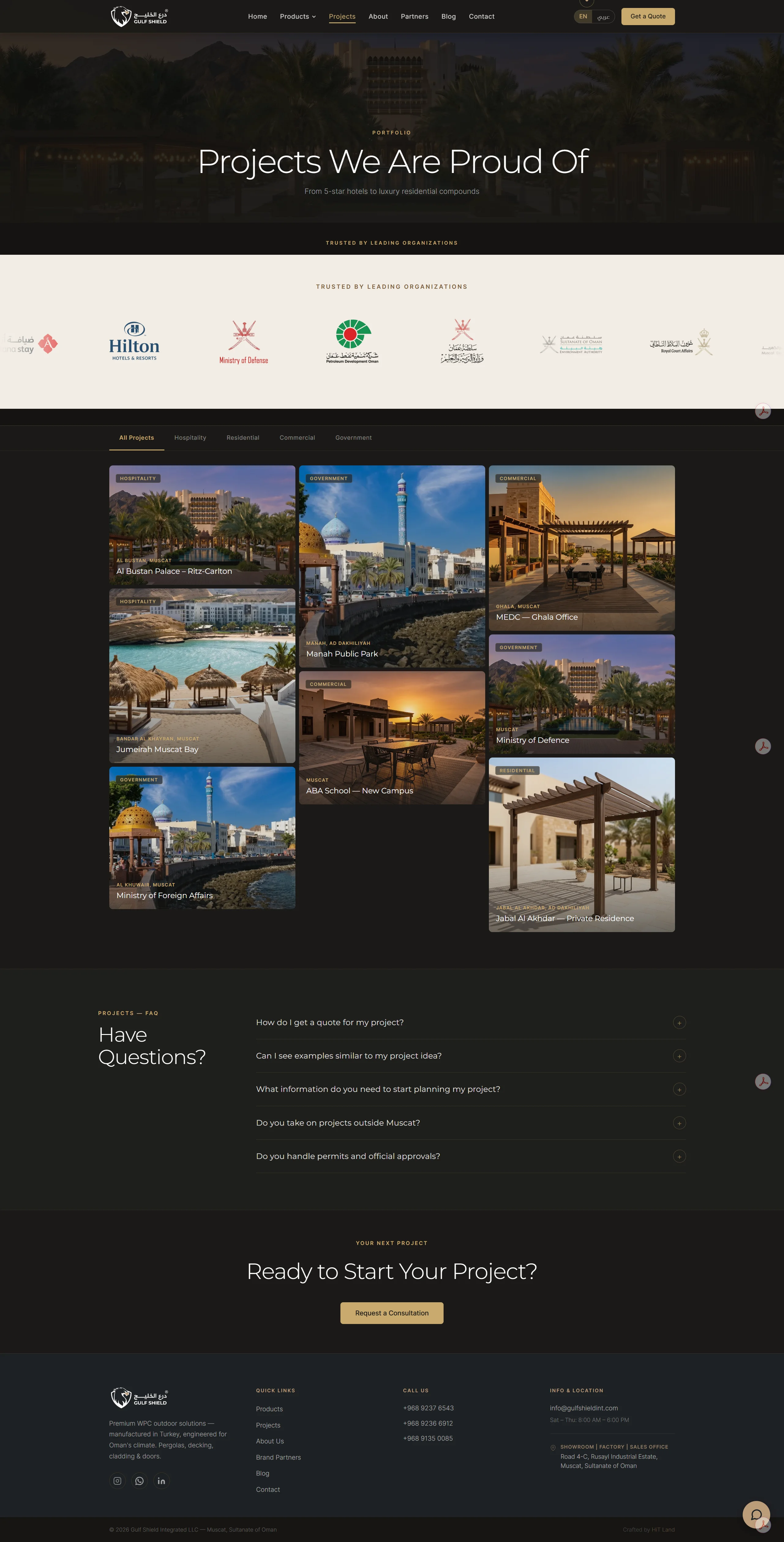 Website UI screenshot of the Gulf Shield projects page displaying a grid of portfolio items